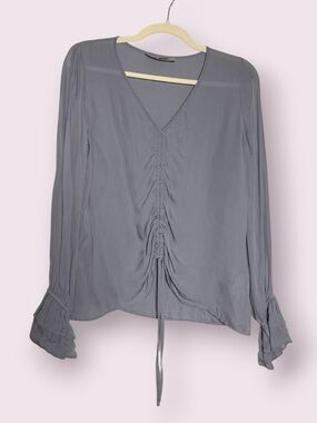 Go Silk Pastel Blue Ruched Long Sleeve Silk Blouse Size Small